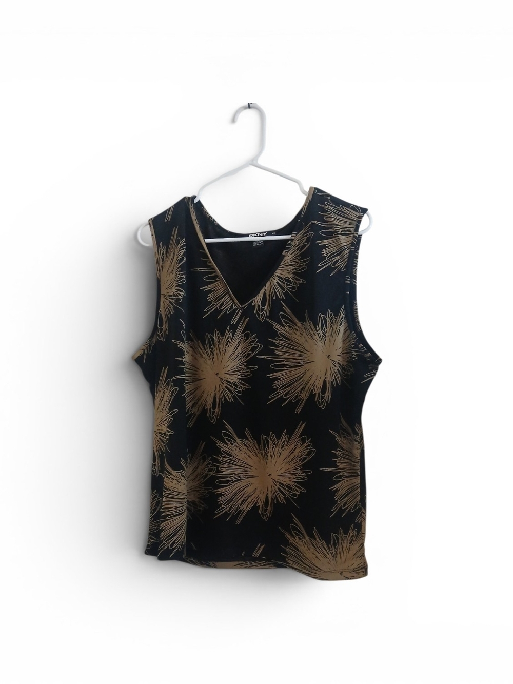 Vintage DKNY Black V-Neck Sleeveless Top with Gold Floral Print